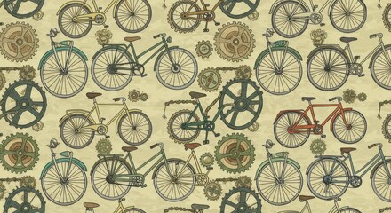 Vintage Bicycle Seamless Pattern with Gears and Chains