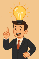 Cartoon businessman with glowing lightbulb above head, symbolizing creative idea, innovation, business inspiration, problem solving, leadership, brainstorming, success, motivation concept