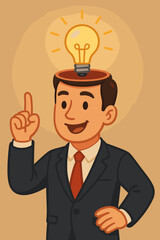 Businessman cartoon with lightbulb in open head, symbolizing creativity, innovation, business ideas, creative thinking, inspiration, solution, leadership, brainstorming, vector illustration
