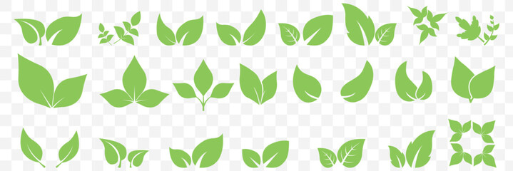 Set of green leaf icons. Green color. Leafs green color icon logo. Leaves on white background. Ecology. Vector illustration on Transparent Background. EPS 10.