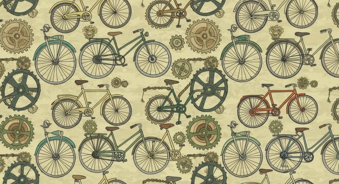 Vintage Bicycle Seamless Pattern with Gears and Chains