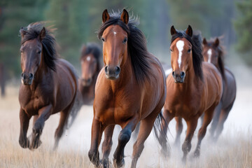 Horses galloping through a dusty field at sunset in a forested area