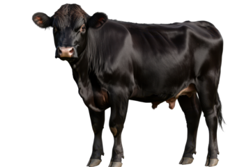 Black angus cattle standing isolated on a transparent background showcasing its glossy coat and distinct features in a natural pose