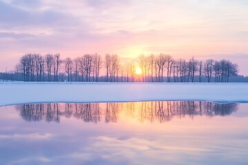 Bare trees reflected in calm water during a pastel colored winter sunset