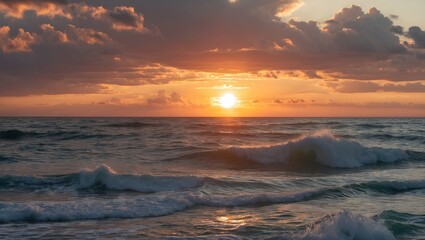 Obraz premium Sunset over the ocean with waves, sky, and clouds. Peaceful seascape scene. Nature and landscape photography. The concept of tranquility and natural beauty.