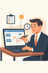 Businessman Planning Schedule on Laptop Calendar. Project Management, Task Organization, Productivity, Time Management, Deadline Tracking, Office Workflow, Corporate Agenda, Vector Illustration