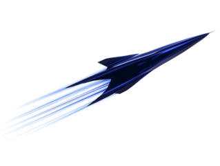 Sleek blue abstract spaceship ascending with streaking light trails isolated on transparent