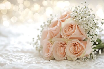 Soft peach roses and baby s breath bouquet resting on delicate white lace fabric