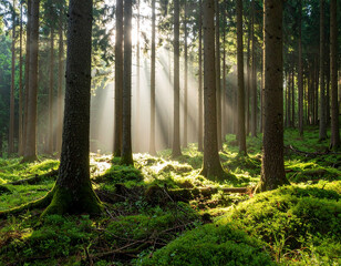 Obraz premium Green forest with morning mist, rays of sunlight