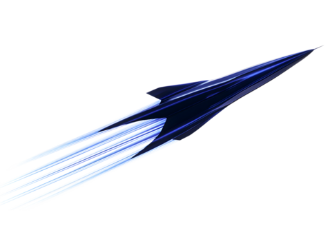 Sleek blue abstract spaceship ascending with streaking light trails isolated on transparent