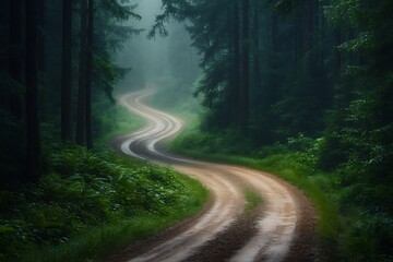 Obraz premium Winding dirt road through a misty dark green pine forest with lush foliage