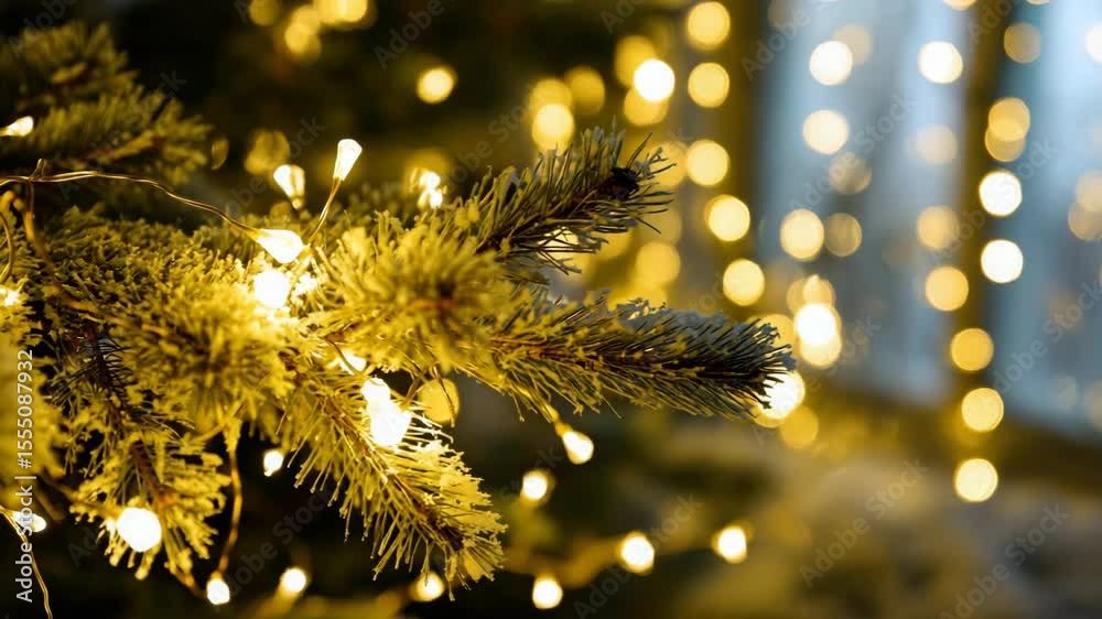 Poster festive mood: a fir branch covered with snow glows with warm lights, creating a cozy and magical chr