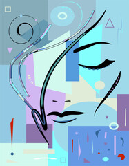 stylized face, surrounded by a playful mix of symbols and colors. The composition features crescents, triangles, and circles on a warm background, creating a sense of dynamic movement.