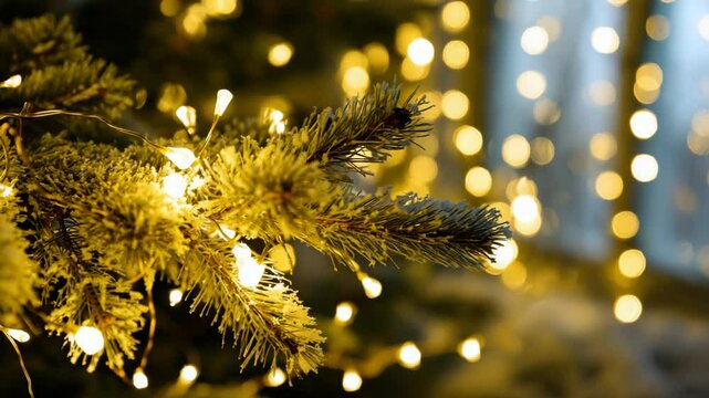 Festive mood: a fir branch covered with snow glows with warm lights, creating a cozy and magical Christmas atmosphere, against a backdrop of blurred garland lights.
