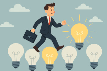 Businessman walking on light bulbs concept, searching for creative ideas, innovation, leadership, success, opportunity, business growth, vision, creativity, career progress, vector illustration