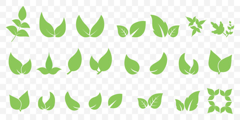 Set of green leaf icons. Green color. Leafs green color icon logo. Leaves on white background. Ecology. Vector illustration on Transparent Background. EPS 10.