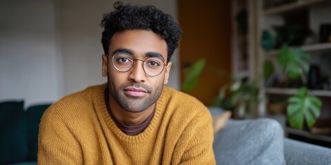 Young african male with glasses in cozy sweater relaxing at home
