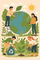 People Protecting Earth Nature Conservation, Planting Trees, Recycling, Watering Plants, Environmental Sustainability, Ecology Awareness, Green Planet Care, Eco-Friendly Lifestyle Vector Illustration