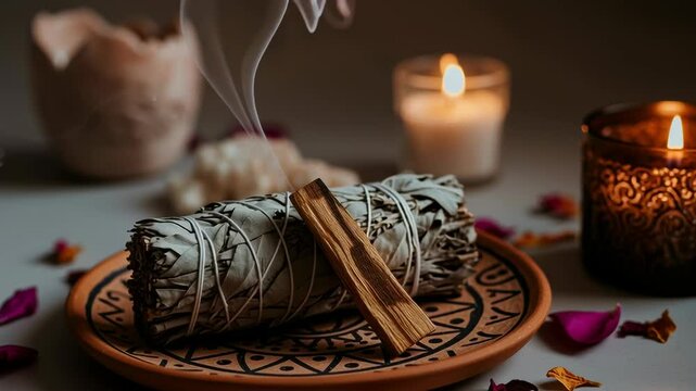 smudging ceremony with sage bundle and burning incense creating calming atmosphere surrounded by candles and petals for spiritual cleansing and relaxation