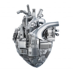Mechanical heart made of gears and wires with transparent background