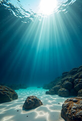 A high-resolution underwater view showcasing sunlight forming vibrant caustic patterns over a textured sandy seabed, scattered with natural stones, pebbles, and gently floating particles.