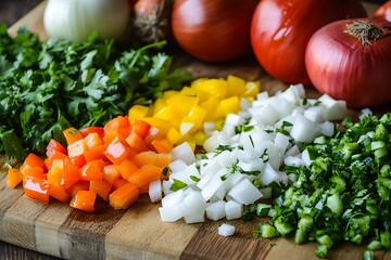 Freshly chopped vegetables including tomatoes onions peppers and parsley on a cutting board