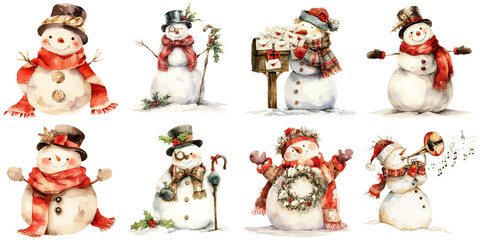 Snowmen in festive outfits celebrating Christmas in winter season  