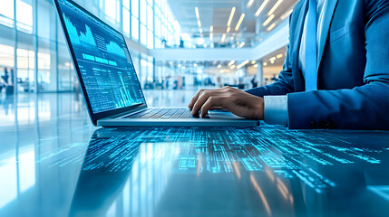 Businessman analyzing financial data on laptop with futuristic holographic interface