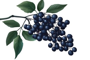 Fototapeta premium Elderberry branch with dark berries and green leaves on a transparent background showcasing the fruit's natural beauty and detail