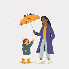 Rainy weather, scene in flat style. Mother and child on a walk. Child protection. Vector illustration