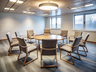 Modern Neutral Office Conference Room: Eight Chairs Around Wooden Table, Soft Lighting