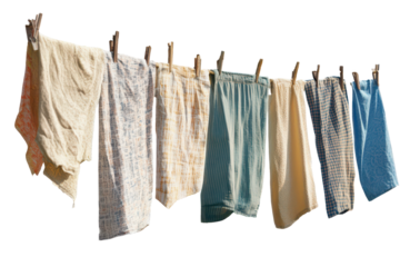 Clothesline displaying an array of colorful garments against a transparent background in a serene outdoor setting