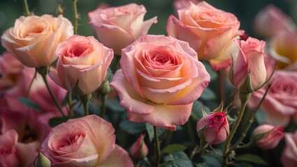 A collection of pink and cream roses in full bloom.