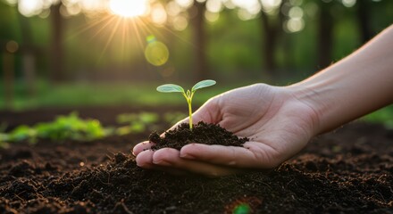 Cultivating Green Beginnings A Young Plant Sprouts in Caring Hands Under Warm Sunlight