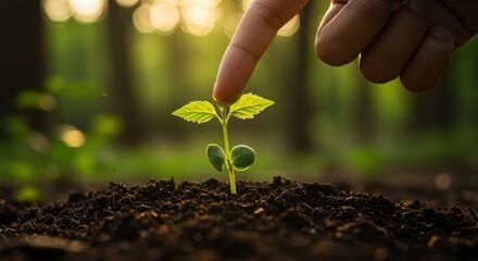 A gentle finger touches a tiny green plant sprouting from dark soil bathed in warm golden sunlight creating a new life in nature