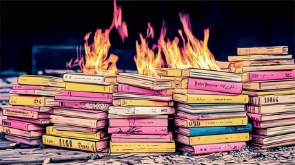 Pile of colorful books burning, depicting censorship, freedom of speech, and book burning