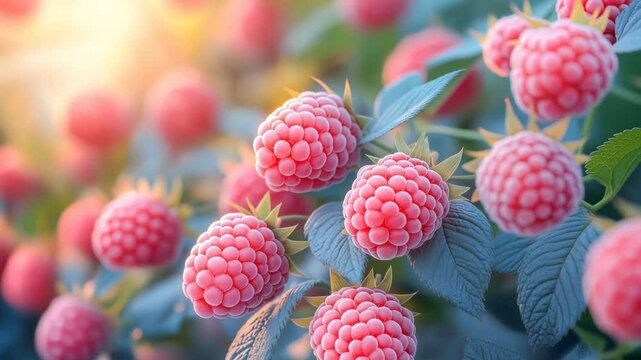 Cluster of ripe red raspberries hanging on a branch of a raspberry bush. Berries of different sizes with vibrant color and natural texture. Summer day, green background, freshness and harvest abundanc