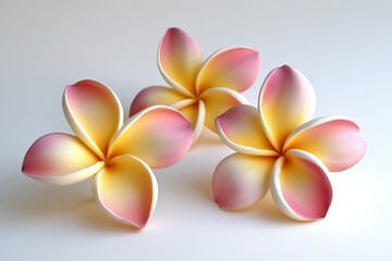 Three yellow and pink plumeria flowers, isolated on a white background,