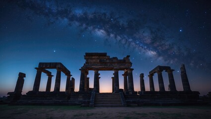 Fototapeta premium Ancient temple ruins under a starry night sky with the Milky Way galaxy visible overhead. Historical architecture and celestial views. The image of cultural heritage and night sky.