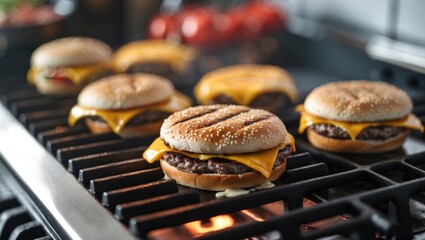 Group of cheeseburgers with cheese slices, buns, and patties grilling on barbecue. Fast food and grilling concept. Food preparation and outdoor cooking.