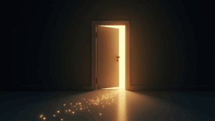 Mysterious open door with warm glowing light and sparkles coming through darkness, magical fantasy concept for hope and mystery themes.