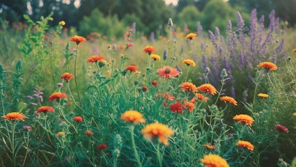 Colorful wildflowers in a lush green field during daytime.