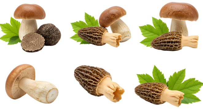 Assorted mushrooms displayed with fresh green leaves, highlighting their textures and colors, suitable for culinary or nature themes