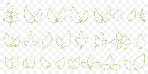 Flat Green Leaf Icon Set – Eco, Bio, Vegan Symbols for Nature and Organic Design in Editable Stroke on Transparent Background. EPS 10.