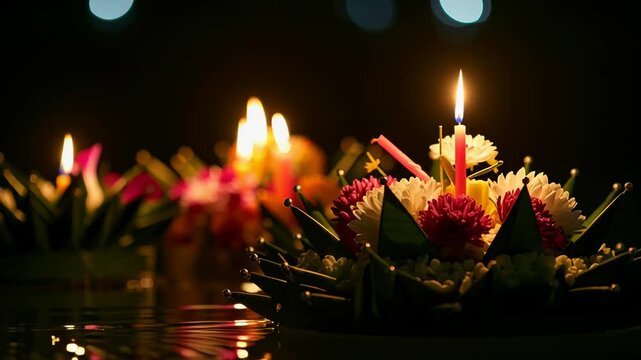 Colorful krathong decorated with flowers and lit candles floating on water at night during loy krathong festival