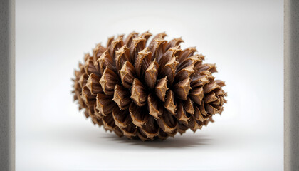 Fototapeta premium Captivating pine cone rests gracefully on a soft white backdrop, showcasing intricate details of nature's perfect texture.