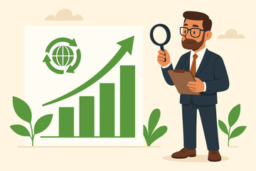 Obraz premium Sustainable business development concept with analyst inspecting ESG growth chart. Green investment, environmental progress, and corporate social responsibility analysis. Vector.