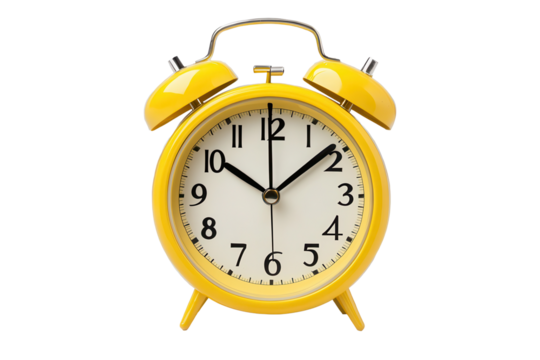 Bright yellow alarm clock displaying time with classic design, perfect for adding a cheerful touch to any room decor or reminding you of important tasks ahead