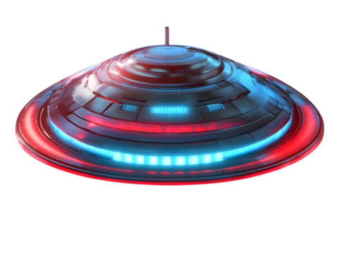 Futuristic flying saucer with red and blue lights on isolated on transparent