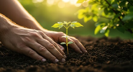Fototapeta premium Hands gently planting a young seedling into fertile soil bathed in warm golden sunlight